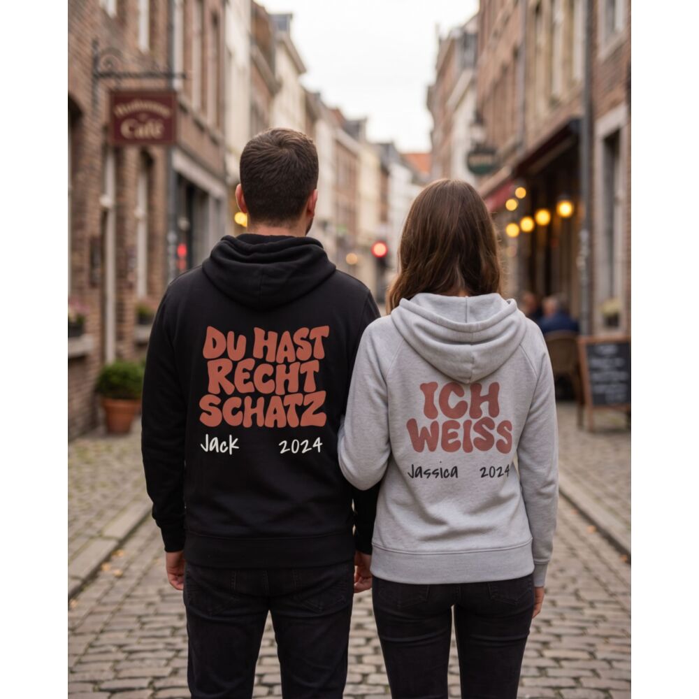 Pärchen Kapuzenpullover Geschenkset 'Ich weiß' & 'Du hast recht Schatz'
