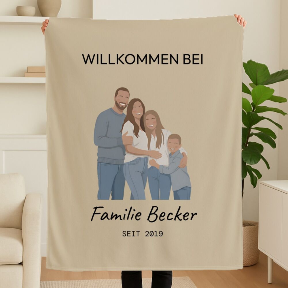Personalisierbare Familiendecke mit Illustration – Familie Becker auf Oat, mit Gruß, Name und Jahr