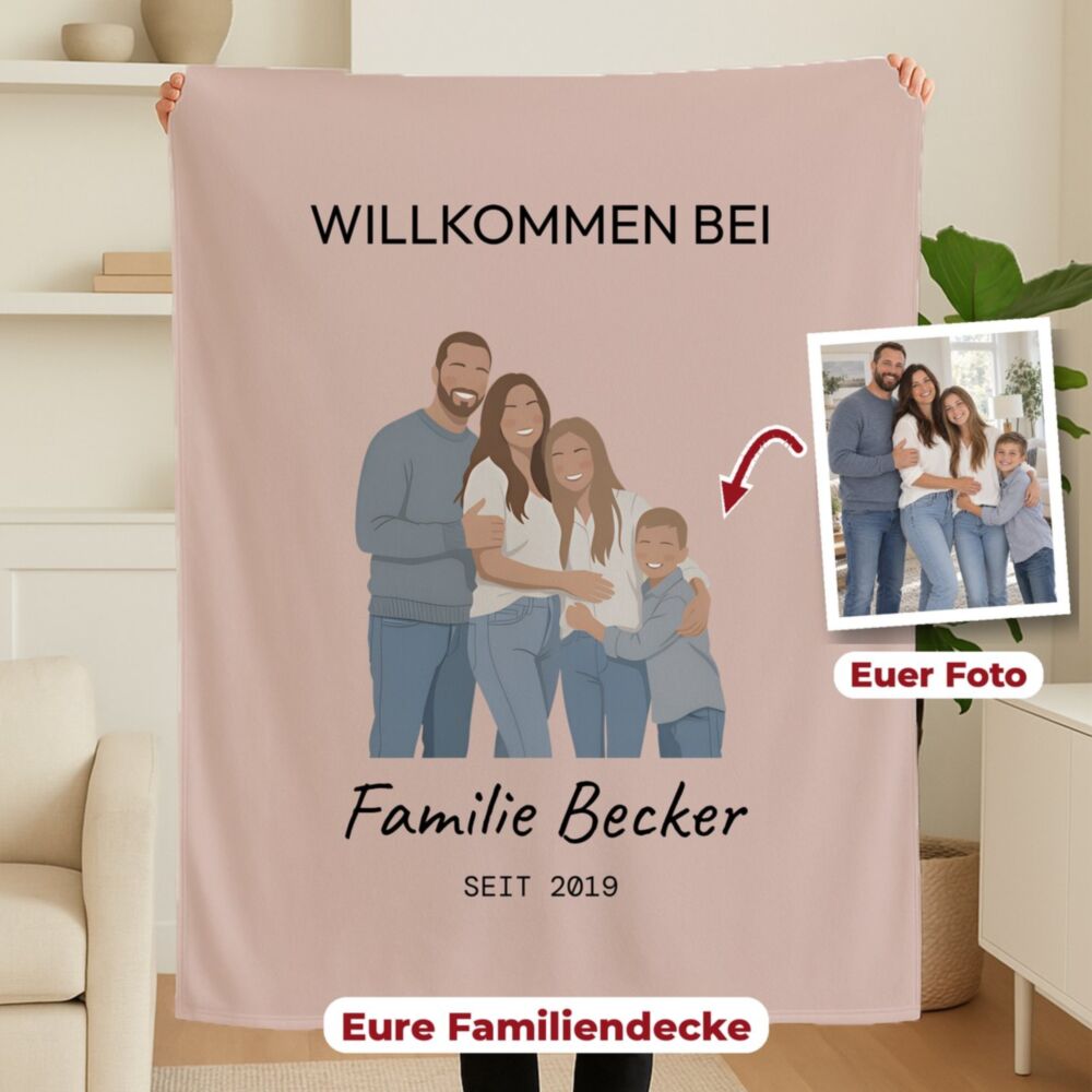 Personalisierbare Decke mit Familienillustration