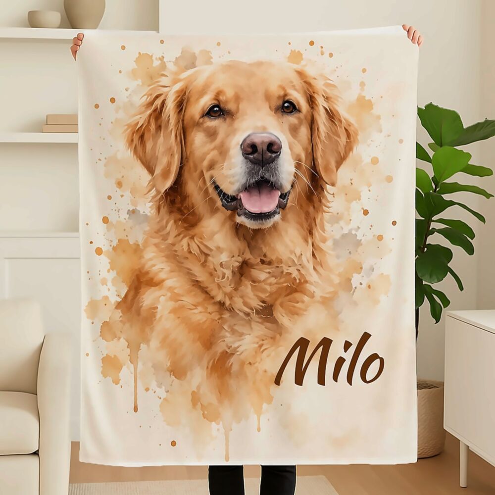 Personalisierbare Decke mit Haustier im Aquarell-Stil – Golden Retriever mit dem Namen Milo