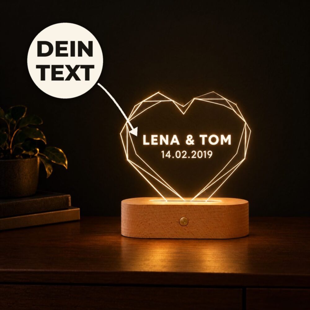 Personalisierbare Herz-Lampe mit Name – leuchtet warm im Dunkeln, mit deinem Text graviert