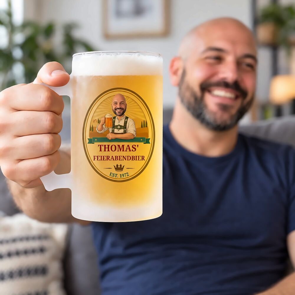 Personalisierbarer Bierkrug mit Logo und Gesicht