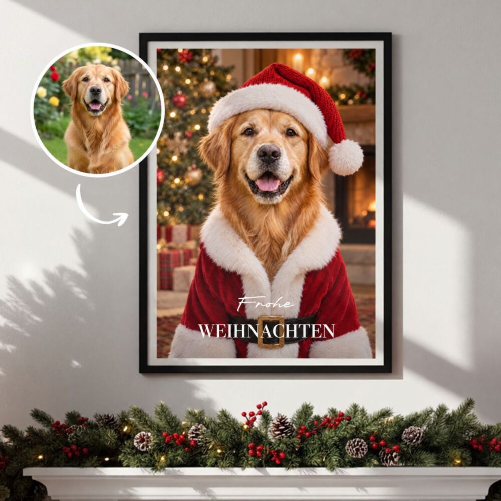 Personalisierbares Poster Haustier mit Kostüm – Hund im Weihnachtskostüm „Frohe Weihnachten“ mit Vorher-Foto