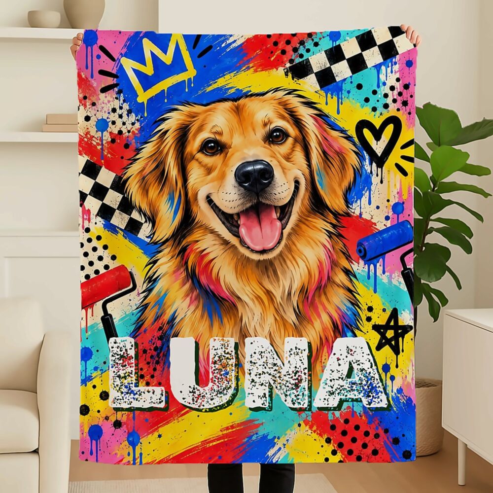 Personalisierte Decke mit Haustier im Graffiti-Stil – Golden Retriever mit Namen LUNA