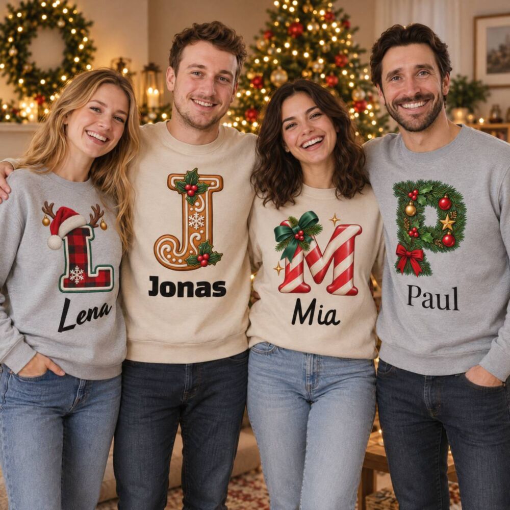 Personalisierter Weihnachtspullover mit Buchstabe und Name – vier Freunde, jeder mit eigenem Buchstaben