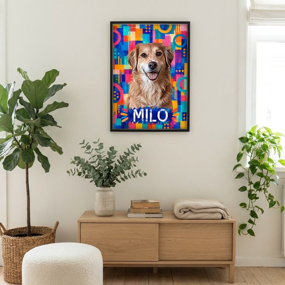 Personalisiertes Poster mit Hundefoto und Namen – Buntes Gemälde: gerahmtes A2-Poster „MILO“ an der Wand über dem Sideboard
