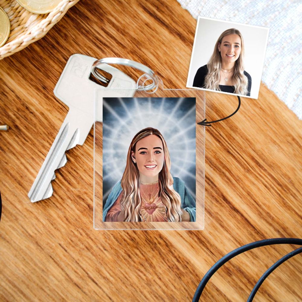 Personalisierbarer Acryl Schlüsselanhänger mit Heiligenschein und Gesicht