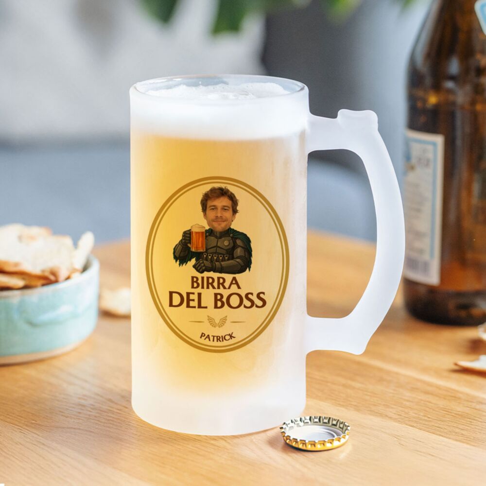 Personalisierter Bierkrug Superheld mit Gesicht und Foto