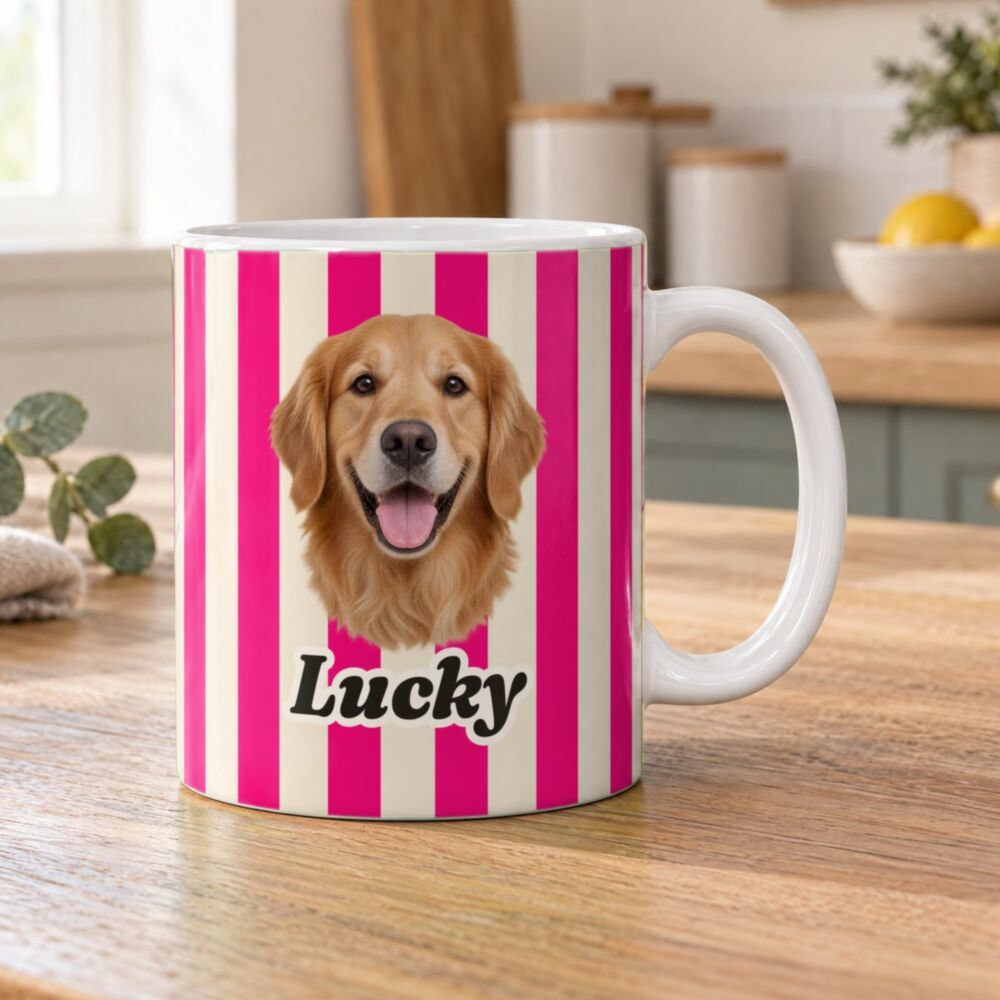 Tasse mit Foto und Namen – Haustier personalisierbar: Golden Retriever „Lucky“ auf pinken Streifen