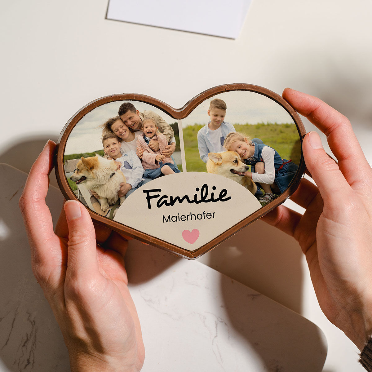 Personalisierte Herz Schokolade mit zwei Fotos und Text