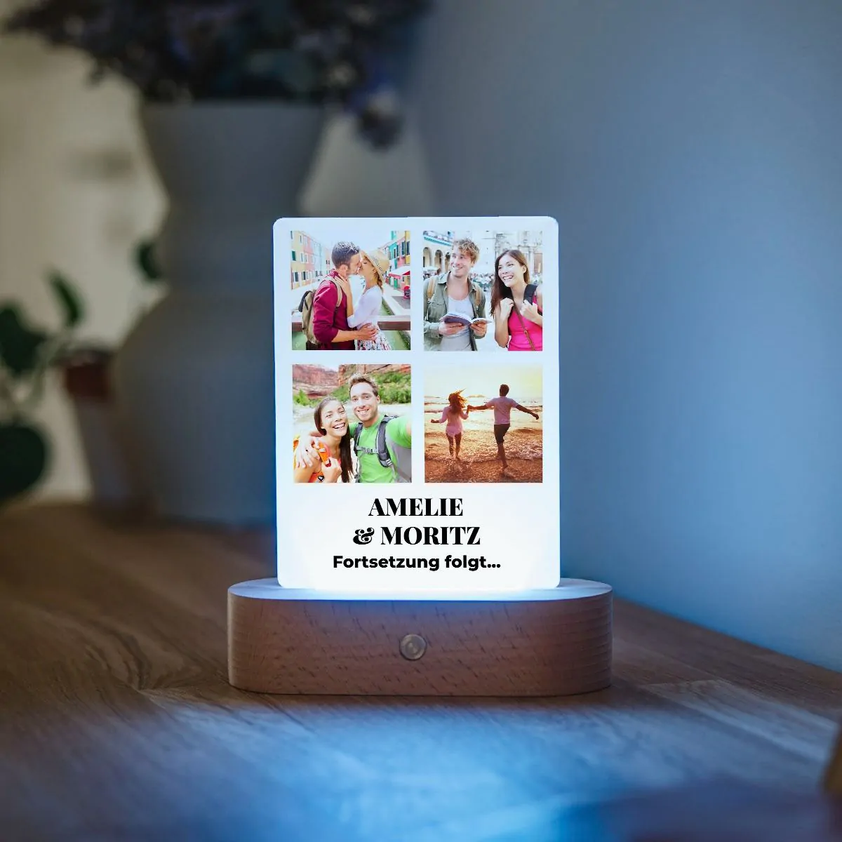 Personalisierbare LED-Lampe mit 4 Fotos und Text