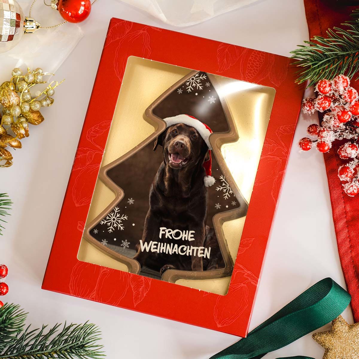 Personalisierte Schokolade als Tannenbaum mit Foto und Text Personalisierte Schokolade als Tannenbaum mit Foto und Text