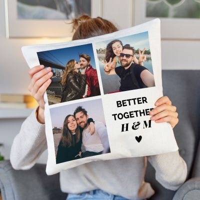 Personalisierbarer Kissenbezug mit 3 Bildern und Text Personalisierbarer Kissenbezug mit 3 Bildern und Text