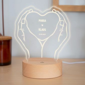 Personalisierbare LED-Lampe Herz mit Händen und Namen