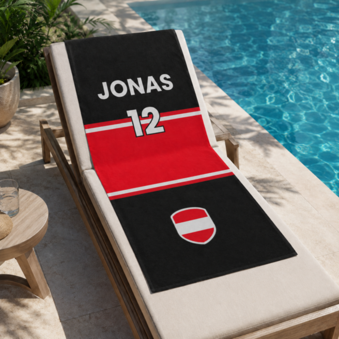 Personalisierbares WM-Handtuch im Trikot-Design mit Text