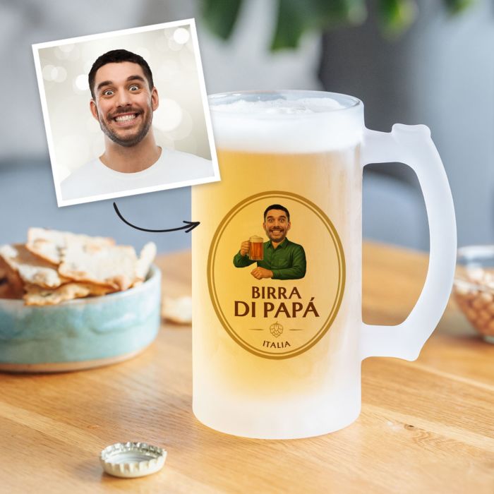 Personalisierbarer Bierkrug mit Gesicht und Logo