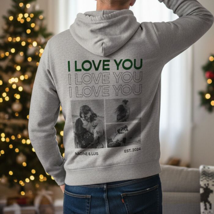 Personalisierbarer Kapuzenpullover mit Schwarz Weiß Fotos und Text