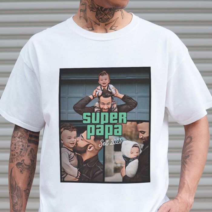Personalisierbares T-Shirt mit drei Fotos und Text Personalisierbares T-Shirt mit drei Fotos und Text