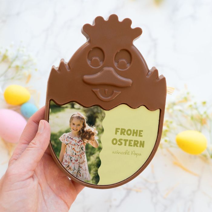 Personalisierbares Schokolade-Küken mit Foto und Text