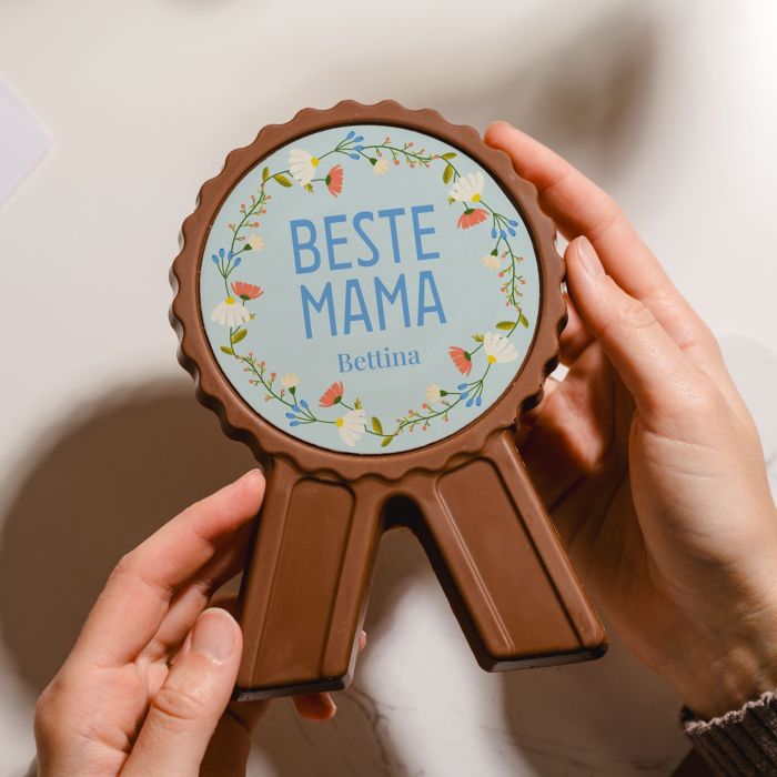 Personalisierbare Schokoladen Medaille mit Blumen und Text