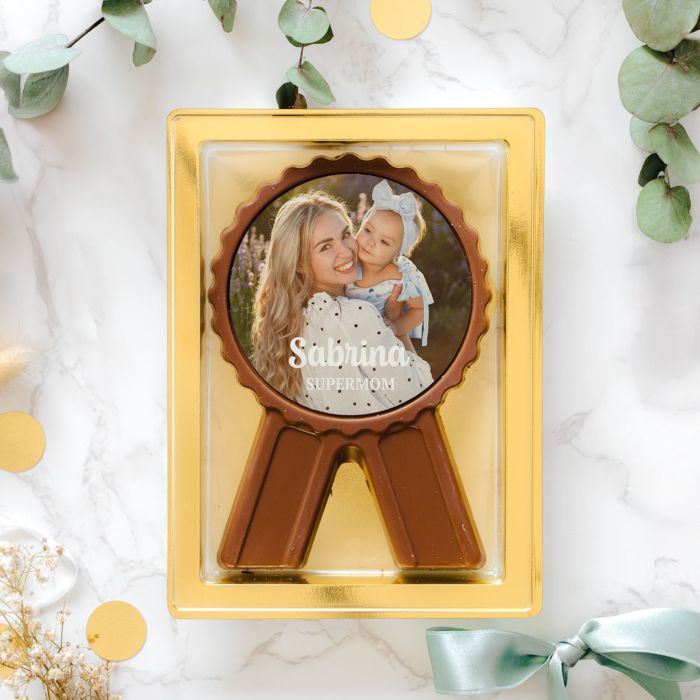 Personalisierbare Schokoladen Medaille Bild mit Text