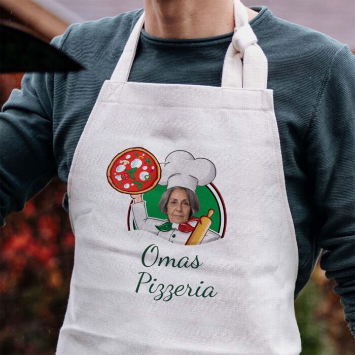 Personalisierte Küchenschürze Oma's Pizzeria mit Foto und Namen