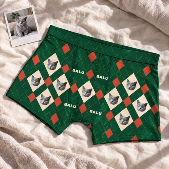 Personalisierte Boxershorts mit Haustierfoto im Argyle-Rautenmuster Personalisierte Boxershorts mit Haustierfoto im Argyle-Rautenmuster
