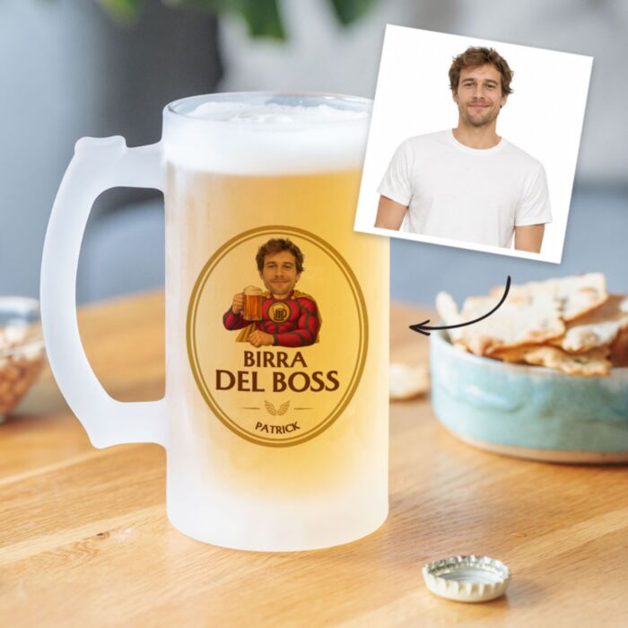 Personalisierter Bierkrug Superheld mit Gesicht und Foto