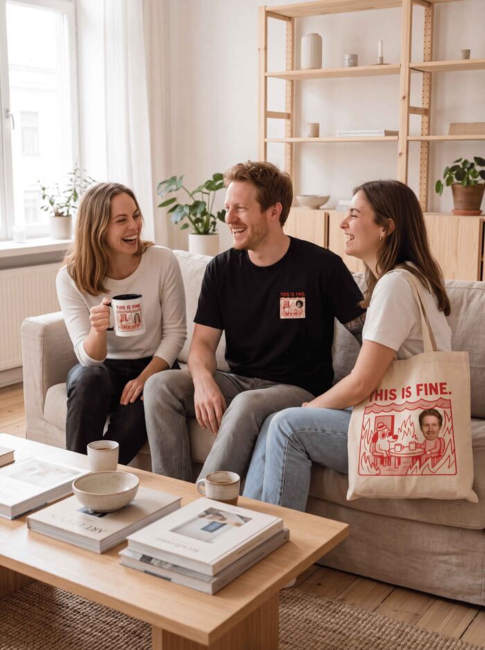 This Is Fine Meme Geschenkset mit T-Shirt, Tasse und Jutebeutel