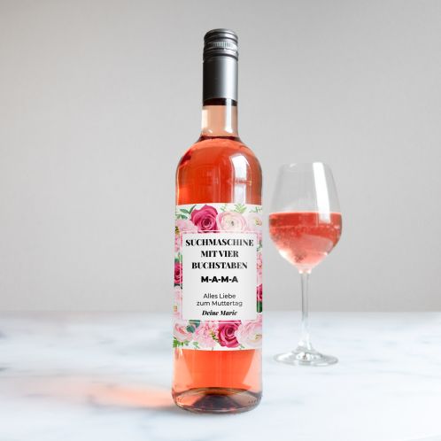 Rosé Wein im Rosen-Design mit Text