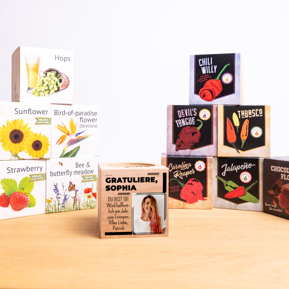 Ecocubes im Holzwürfel mit Bild und Text