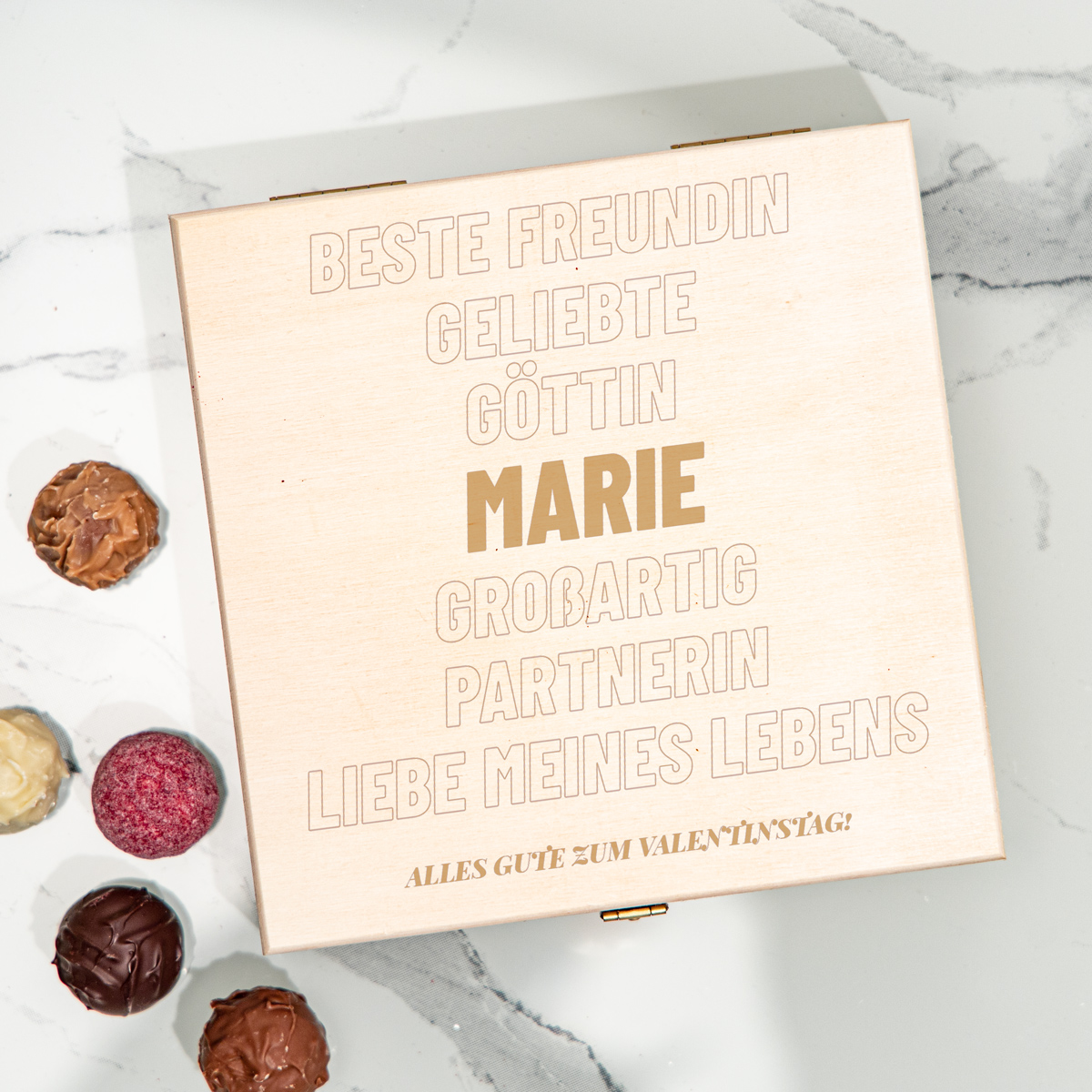 Personalisierbare Pralinenbox mit Text