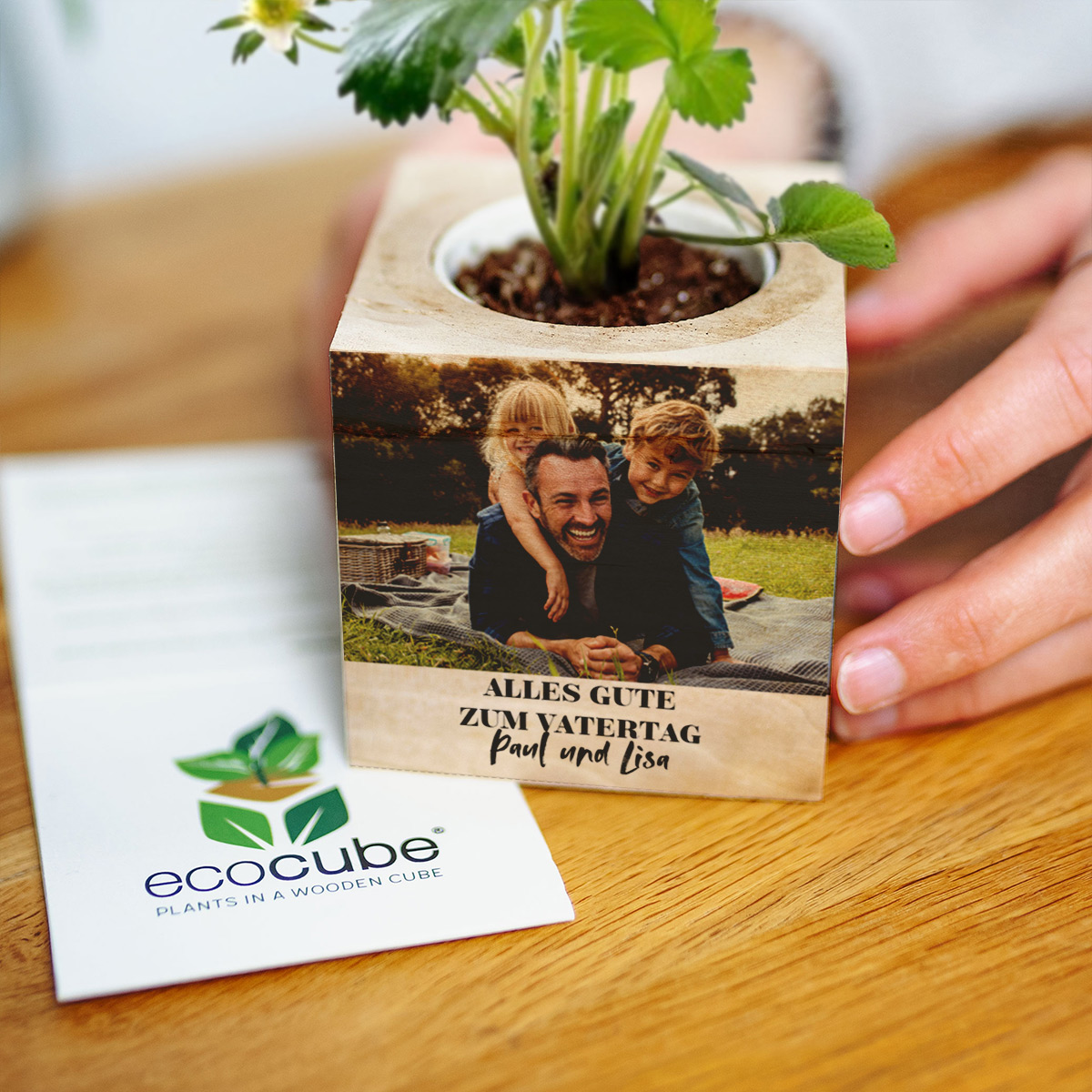 Personalisierbarer Ecocube mit Foto und Text