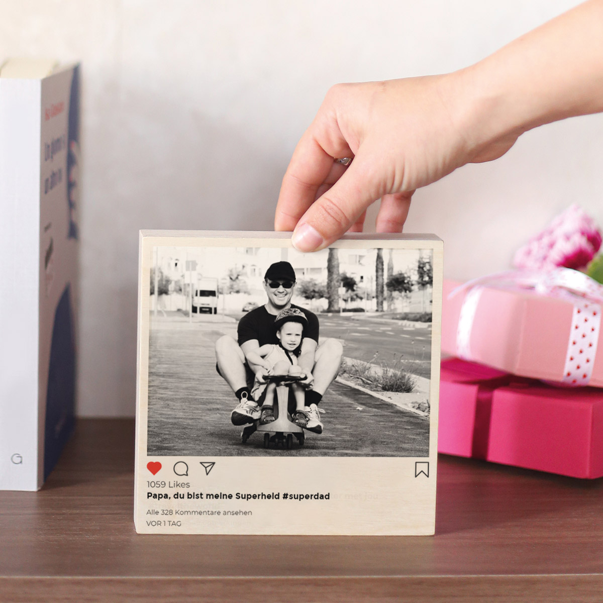 Vatertagsgeschenke Personalisierbarer Holzblock im Instagram Style