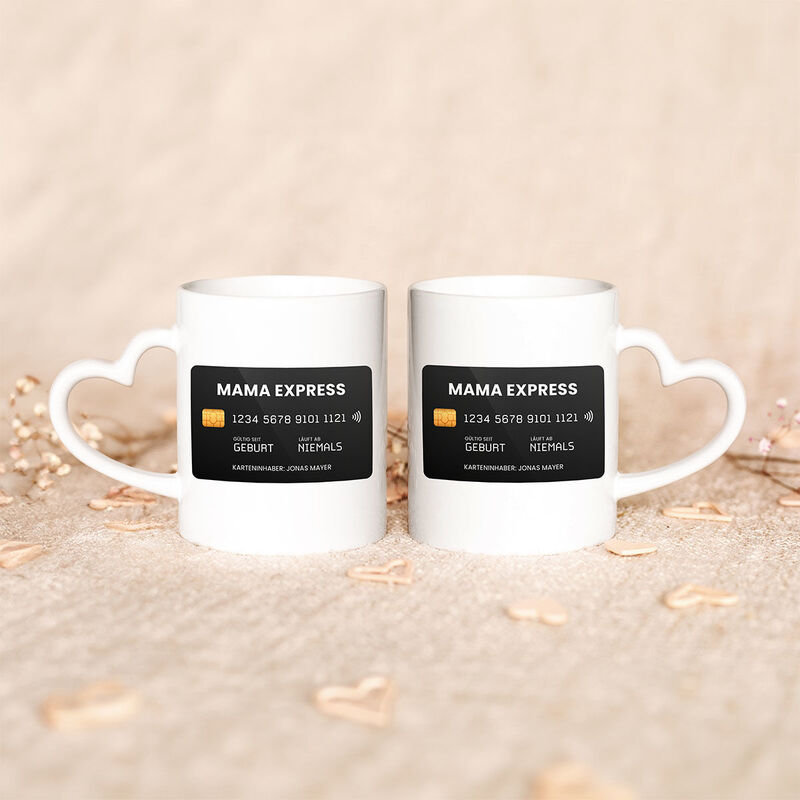 Personalisierbare Tasse mit Kreditkarte und Text
