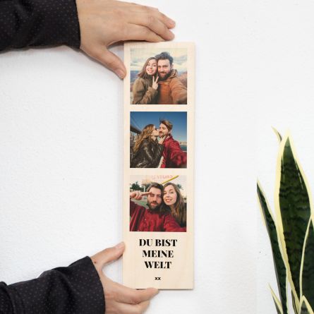 Schmales Holzbild mit 3 Bildern und Text